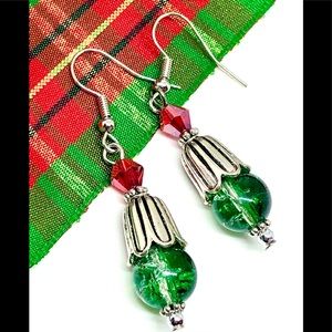 Christmas Green Clear Ombre Crackle Glass Red Crystal Silver Dangle Earrings 2"